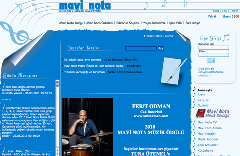 e-Müzik Gazetesi Mavi Nota 18.sini düzenlediği müzik ödülünü bu yıl caz dalında Ferit Odman`a verildi